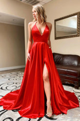 Halter V-Neck A-Line Simple Prom Dress with Pockets